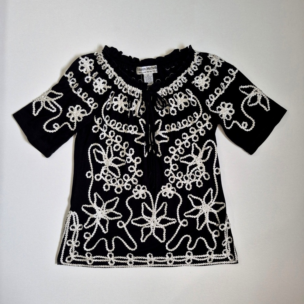 Lauren Michelle Black White Floral Embroidered Tie‎ Neck Blouse Top NWT Medium
